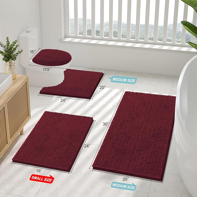 Smiry Bathroom Rugs 36X24, Luxury Chenille Extra Soft Absorbent Bath Mat | Burgundy, Machine Washable Non-Slip Plush Bath Mats for Bathroom, Tub, Shower, and Floor, Home Decor