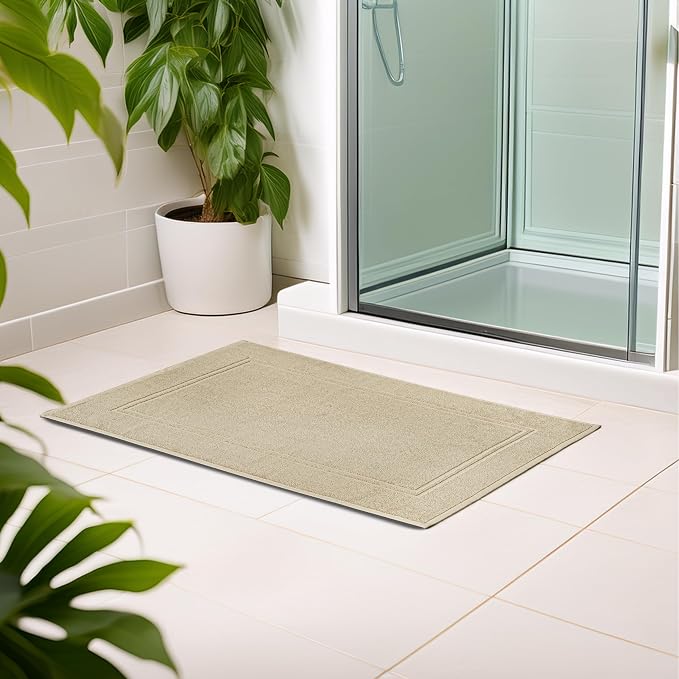 2 Piece Bath Mats 20 x 32 Inches, Beige | 100% Cotton Terry Bath Mats, Super Absorbent, Hotel Quality Premium Floor Towels, Luxurious, Soft & Quick Dry
