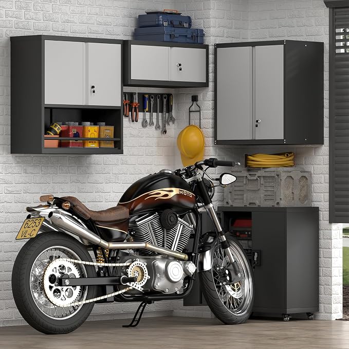 Garage Locking Cabinet, Wall Storage Cabinet with Shelves, Hanging Cabinets with Open Storage, Small Wall Cabinet, Lockable Tool Cabinet for Basement, School, Office