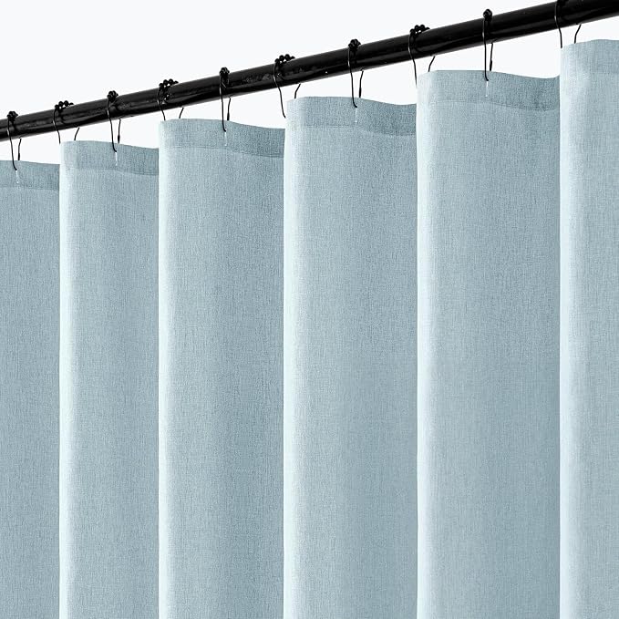 ANRODUO Fog Blue Linen Textured Fabric Shower Curtain Set - W72xL72 | Farmhouse Shower Curtain with 12 Metal Hooks, Waterproof Heavy Duty, Button Hole Design, Machine Washable for Bathroom