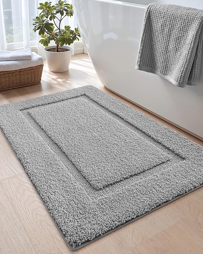 DEXI Bath Mat 43x24, Absorbent and Non Slip Bathroom Rugs, Light Grey | Soft Plush Microfiber Bathmat, Machine Washable & Quick Dry, Rubber Back Rug for Shower, Tub, Sink
