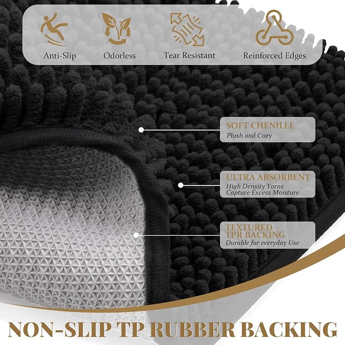 Bathroom Rugs Mat 48 x 24, Thick Soft Absorbent Chenille Bath Rugs, Rubber Backing Bath Mats for Bathroom Floor, Tub, Shower, Bedroom, Home Decor Accessories, Quick Dry Machine Washable, Black