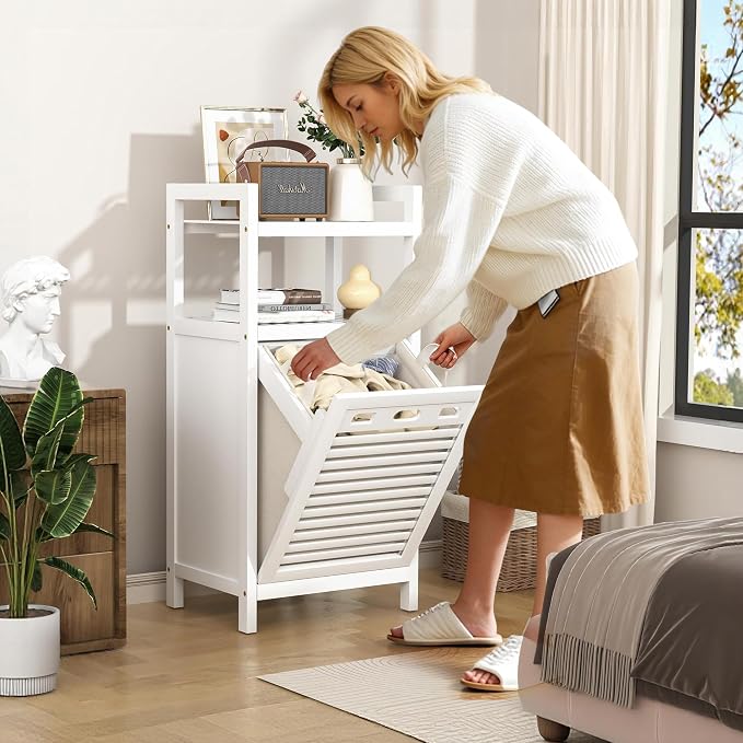 VASMIA Tilt Out Laundry Hamper,Bamboo Laundry Storage Cabinet with Shelf,10 Gal Hidden Laundry Basket Organizer for Bathroom,Laundry Room,White