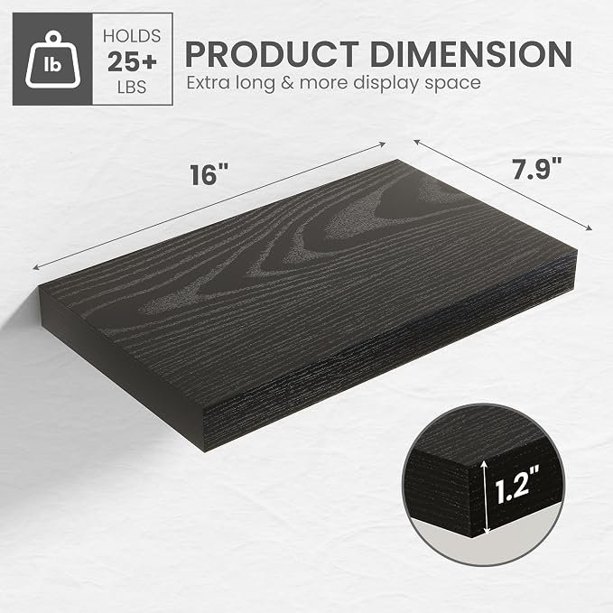 16 in Floating Shelves for Wall Decor Color Black,Pack 2 | Modern floating shelves for living room,bedroom,kitchen and bath.Organize & display books,photos and decor.easy mount,sturdy.