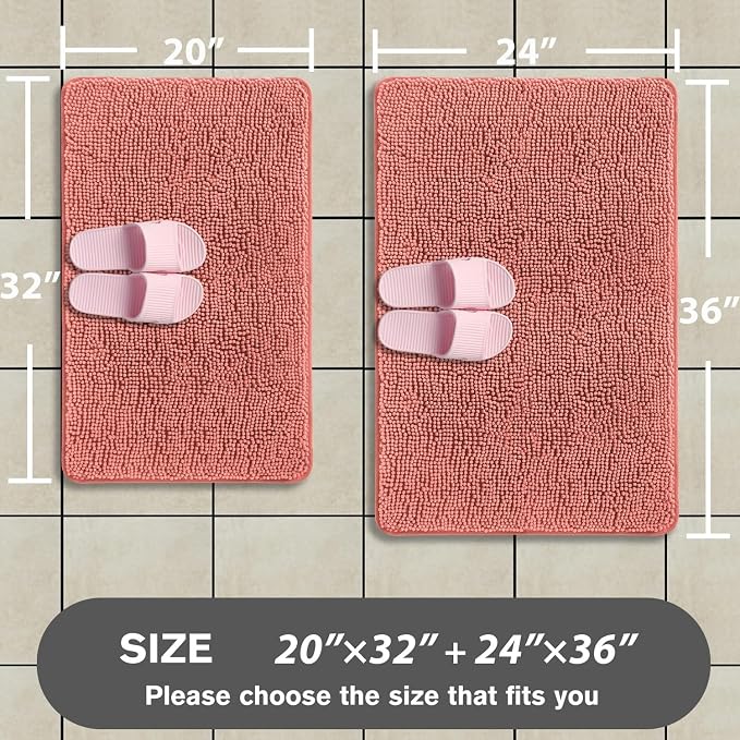 Coral Bathroom Rugs Sets 2 Piece – Absorbent and Washable Bath Mat, Non-Slip, Thick Soft Chenille Bath Rugs for Bathroom, Shower, Sink - 20" x 32"+24" x 36"