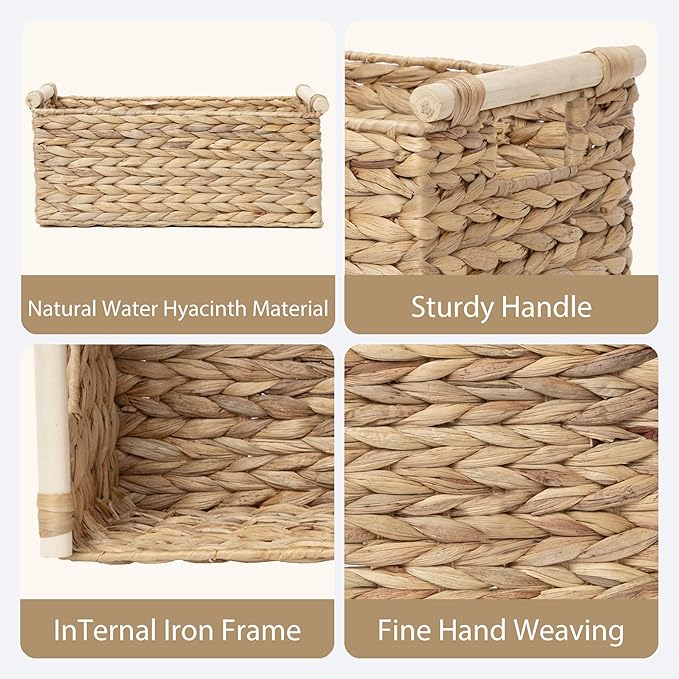 Rectangle Water Hyacinth Wicker Storage Basket Organizer(Large) | Handwoven Shelf basket with Wooden Handles for Pantry & Closet