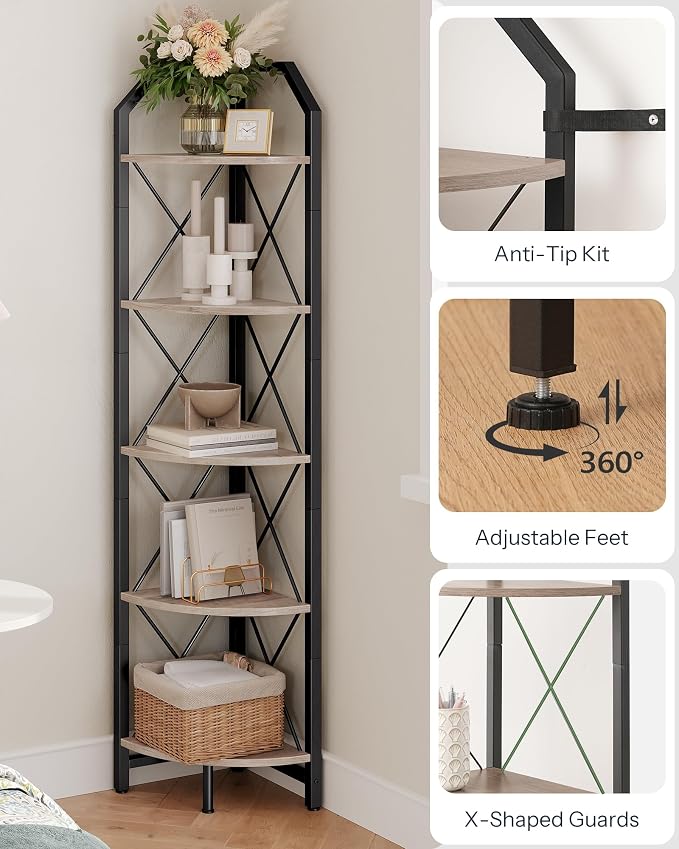 5-Tier Corner Shelf, Industrial Corner Bookshelf, 59.4" Corner Storage Stand, Plant Stand Display Shelf, Corner Bookcase for Bedroom, Living Room, Home Office, Greige and Black TCJ10BG