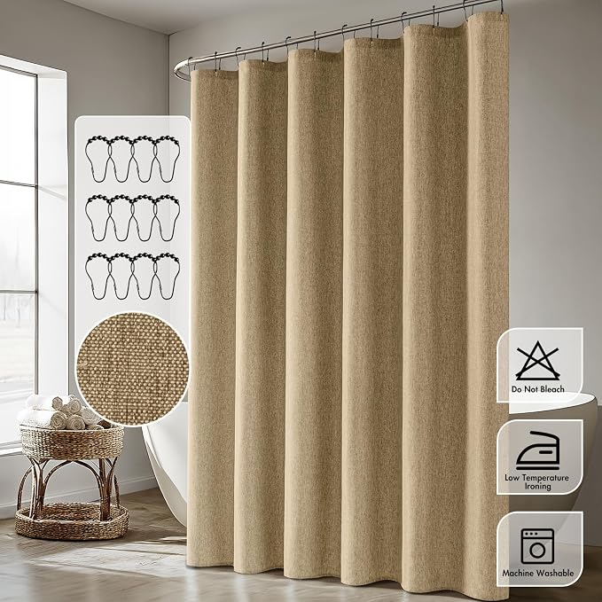 ANRODUO Khaki Linen Textured Fabric Shower Curtain Set - W72xL84 | Farmhouse Shower Curtain with 12 Metal Hooks, Waterproof Heavy Duty, Button Hole Design, Machine Washable for Bathroom