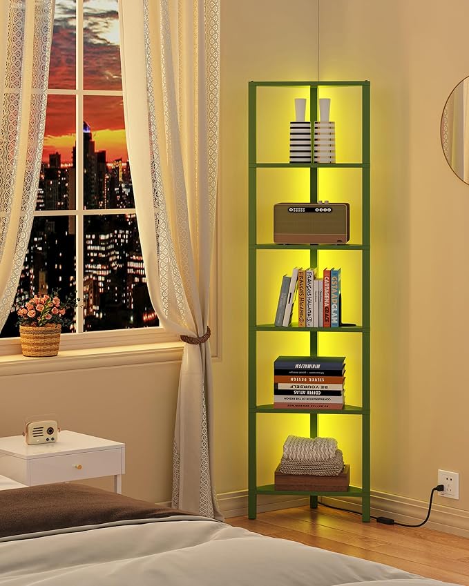 TUTOTAK Corner Shelf with LED Light, 6-Tier Corner Bookshelf | for Small Space, Narrow Display Corner Shelf Stand with Storage Rack, for Living Room, Bedroom, Olive Green BS05BOG006L