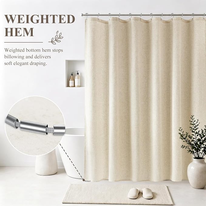 Jowels Beige Linen Fabric Shower Curtain for Bathroom, 72x72 | Natural Linen Shower Curtains Set, Waterproof Washable Weighted Textile, Metal Hooks, Hotel Boho Farmhouse Bathroom Decor