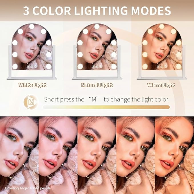 Arched Makeup Vanity Mirror with Lights,10X,Gold,14.17"x11.81" | Vanity Mirror with Detachable 10X Magnification Mirror, Rechargeable, 3 Color Lights,Smart Touch, 360‑Degree Swivel