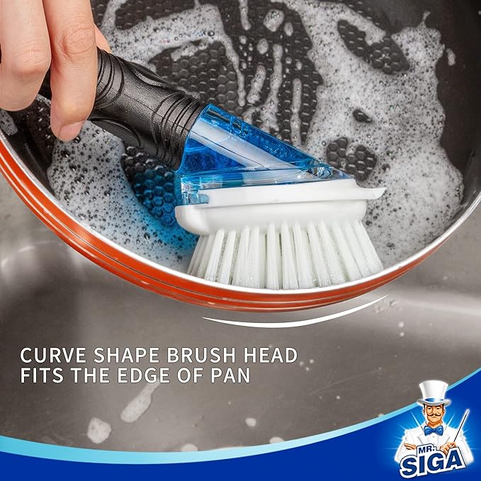 MR.SIGA Soap Dispensing Dish Brush, Kitchen Brush for Pot Pan Sink Cleaning | Dish scrubber with soap dispenser, dish soap brush with scraper