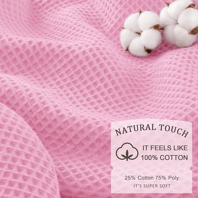 Waffle Weave Shower Curtain Heavyweight Cotton Fabric Pink 72Wx72L | Soft Cotton Cloth,3D Square Truely Waffle Washable, Hotel Luxury Spa, Shower Curtain Set for Bathroom 12 Plastic Hooks