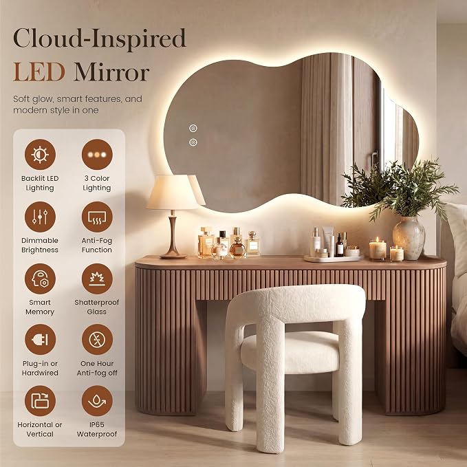 40''x24'' Lighted Mirrors for Bathroom Wall Backlit, Cloud LED Bathroom Mirror Frameless with Lights Anti Fog, Dimmable, 3 Colors,Tempered Glass, Shatter-Proof