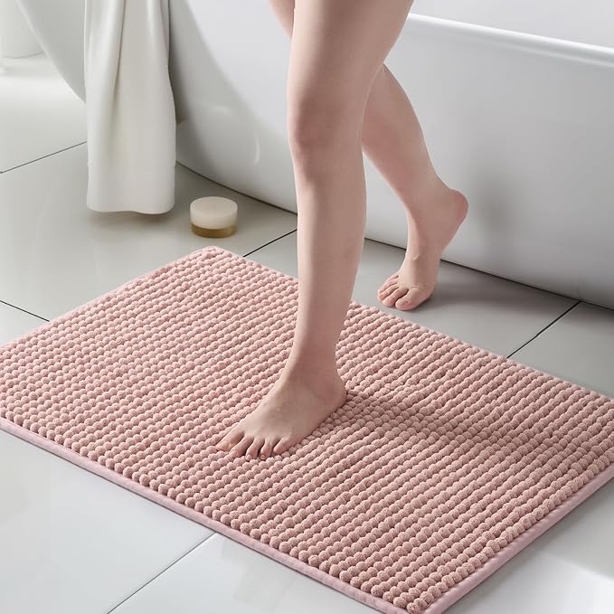 FRESHMINT Thick Chunky Chenille Bathroom Rug, Dusty Pink, 24"x36" | Non-Slip Backing, Water Absorbent Surface, Machine Washable Care, Cushioned Comfort, Bathroom Floor Use