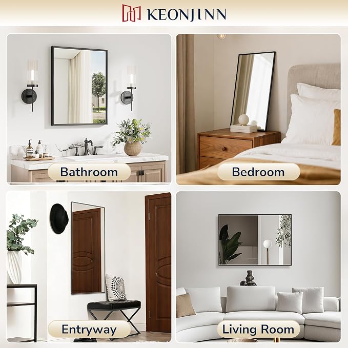 Keonjinn 30 x 36 Inch Black Bathroom Vanity Mirrors for Over Sink | Beveled Metal Frame, Rectangular Rustic Bathroom Mirror for Wall, Tempered Glass, Anti Rust, Square Corner, Farmhouse Style
