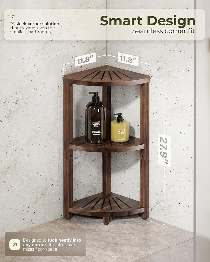 BLUEWEST 3-Tier Corner Shower Caddy Stand, Wood, Walnut | Shower Organizer Standing, Anti-Slip Feet, Waterproof & Durable, Space-Saving Design, Bathroom Corner Shelf