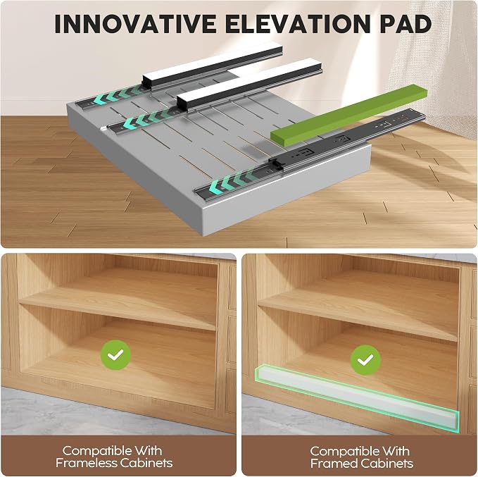 Seinloes 2 Pack Pull Out Cabinet Organizers 21"Deep with Raising Pad for Framed Cabinets,Expandable Slide Out Drawers Upgrade 3 Slide Rails,Roll Out Shelves Adhesive,Adjustable Width 12"-20.45" Silver