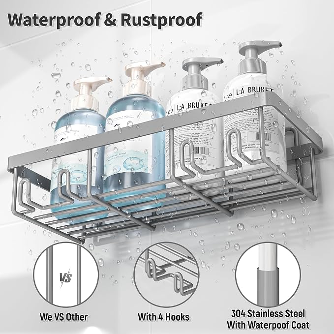 Liuoud 5 Pack Shower Caddy for Inside shower, Grey Bathroom Storage Decor | Large Rustproof Stainless Steel Organizer with Strong Adhesive, No Drilling Wall Mounted Shelves, Bathroom Accessory Set