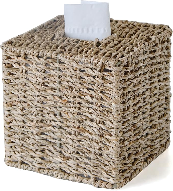 Seagrass Tissue Box Cover Square, Handwoven Facial Tissue Box Holder | Natural Seagrass, Decorative Cube Wicker Tissue Cover Tissue Holder for Bathroom Bedroom Office, Boho Decor