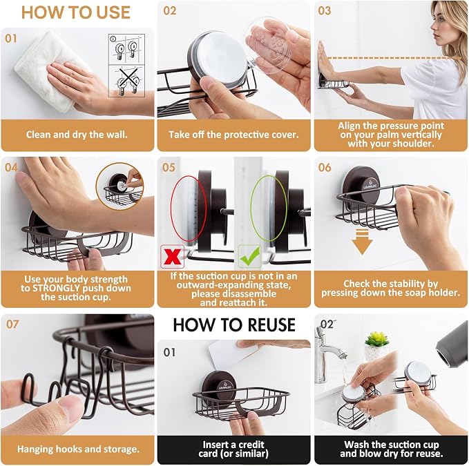 Bar Soap Holder with Hooks, Suction Cup Soap Dish Stainless Steel | Soap Holder Shower Wall Mounted, Soap and Razor Holder for Shower, Rustproof for Bathroom, Sponge Holder Saver, Brown