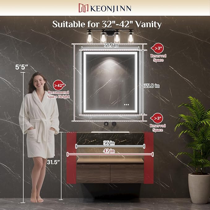Keonjinn 32 x 36 Inch LED Bathroom Mirror with Lights, Frontlit & Backlit | Bluetooth Speaker, Bluetooth Mirror Bathroom, Stepless Dimmable 3-Color Lights, Tempered Glass, Fast & Safe Defogging, CRI90+