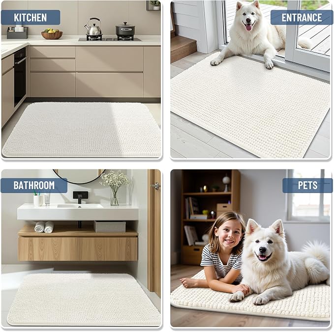 Arotive Chenille Bathroom Rugs 24x16, Soft Absorbent Bath Mat, Ivory | Rubber Backing, Machine Washable Dry Bath Mats for Bathroom Floor, Tub and Shower, Home Decor Accessories