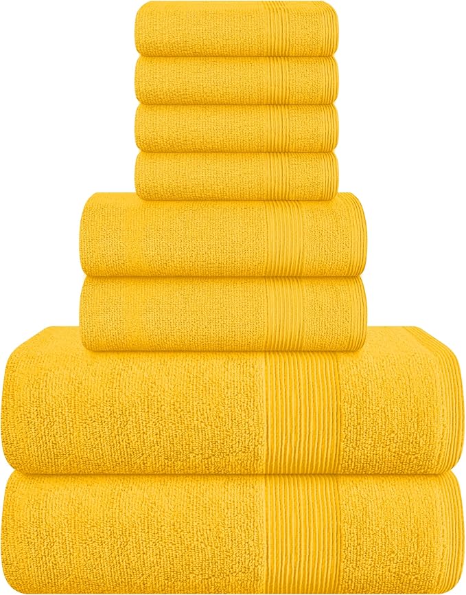 8 Piece Towel Set 100% Ring Spun Cotton, 2 Bath Towels 27x54, 2 Hand Towels 16x28 and 4 Washcloths 13x13 - Ultra Soft Highly Absorbent Machine Washable Hotel Spa Quality - Yellow
