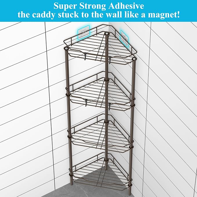 Metal Floor Standing Corner Shower Caddy, Bronze, 4 Tier | Adhesive Bathroom Organizer Shelves, Free Standing Shower Rack with Hooks, Hold Large Shampoo Bottles