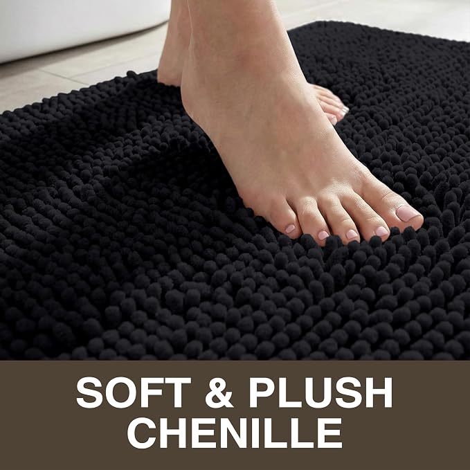 Neater Home Plush Bathroom Rugs 30x20 Thick Chenille Quick Dry Microfiber Absorbent Bath Mat, Soft Bath Rugs, Machine Washable Bathroom Floor Mat for Tub Shower Sink, Home Decor Accessories, Black