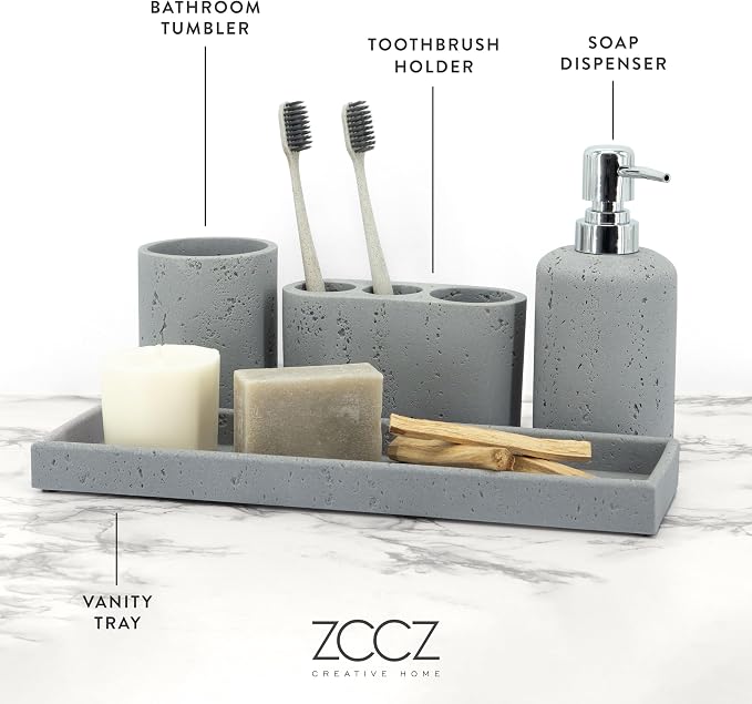 -Beige Bathroom Accessories Set 4 Pcs - Toothbrush Holder, Soap Dispenser, Vanity Tray, Bathroom Tumbler - Countertop Vanity Organizer - Bathroom Accessory Set- Toothbrush Holder Set, Stone Sets