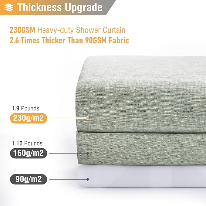 48x72 Linen Textured Waterproof Fabric Shower Curtain Set, Sage Green | Stall Size, 230GSM Polyester, Heavy Duty Cloth, Weighted Hem, 8 Plastic Hooks, Modern Luxury Hotel Style, Machine Washable