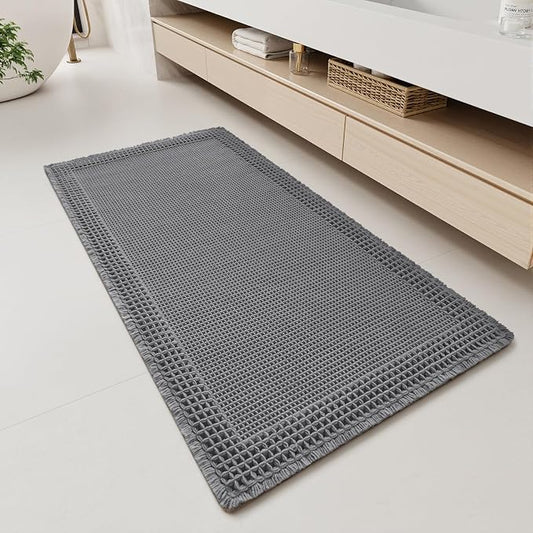 RESARE Waffle Bathroom Runner Rugs, Non Slip Boho Bath Mat 24x48 Dark Grey | Long Absorbent Bathroom Floor Mats Machine Washable Quick Dry, Soft Solid 2'x4' Bath Rugs with Tassels, Ideal Farmhouse Decor