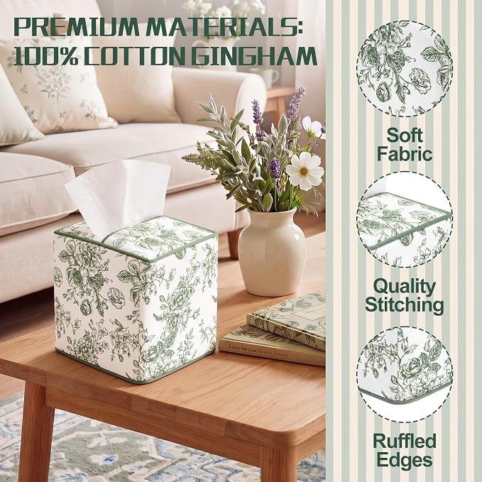 Green Fabric Tissue Box Cover Floral Print Cotton Tissue Box Decorative Square Napkin Holder Vintage Cottagecore Home Decor for Bathroom Bedroom Vanity Countertop Home Office Kitchen