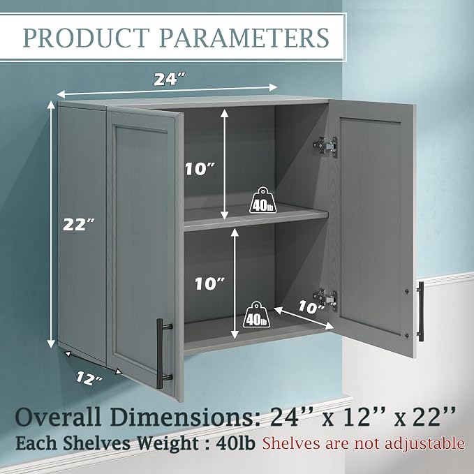 FIMELLO 12" D x 24" W x 22" H Kitchen Cabinet Wall Cabinets, Laundry Room Cabinets, Wall Mounted Bathroom Cabinet, Medicine Cabinet for Laundry Kitchen Garage, Ash Grey, Set of 2