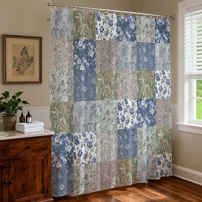 Shower Curtains for Bathroom, Boho Shower Curtain, Vintage Blue Boho Floral Bathroom Decor Bath Curtain, Mid Century Waterproof Retro Farmhouse Patchwork Floral Shower Curtain, 72 X 72 Inches