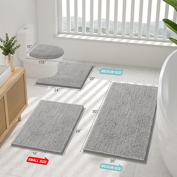 Smiry Bathroom Rugs 30X20, Luxury Chenille Extra Soft Absorbent Bath Mat | Light Grey, Machine Washable Non-Slip Plush Bath Mats for Bathroom, Tub, Shower, and Floor, Home Decor