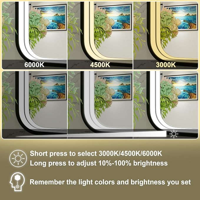 24"x32" LED Bathroom Mirror with Lights, Black Aluminum Frame | 3000K/4500K/6000K, Stepless Dimmable, Anti-Fog, Memory Function, ETL Listed, Wall Mounted Lighted Bathroom Vanity Mirror