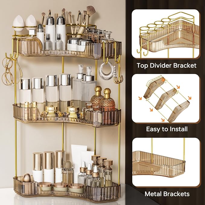 3-Tier Corner Bathroom Counter Organizer，Makeup & Skincare Shelf with Built-in Brush Holder，Space-Saving Bathroom Countertop Organizer for Skincare, Perfume, Cosmetics(Amber)