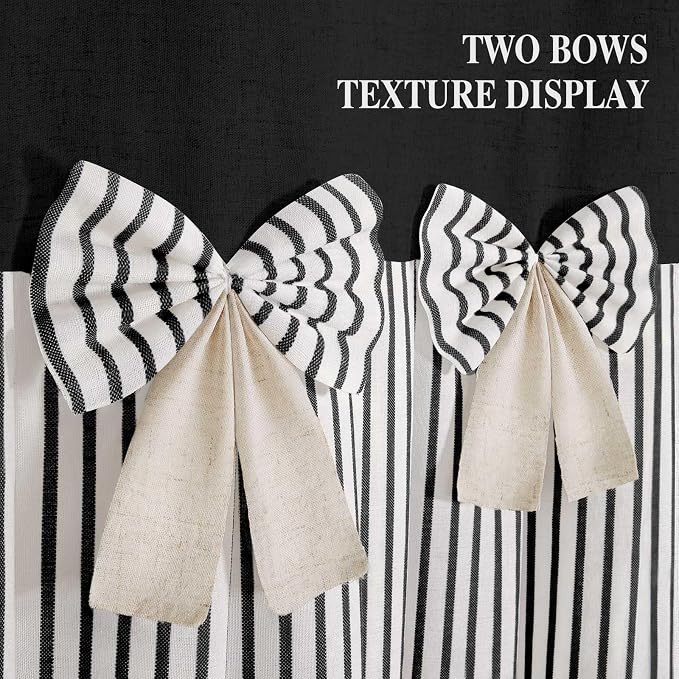 Farmhouse Shower Curtain Linen Bow Pleated Black Stripe 72"W x 78"L | Farmhouse Style, Chic Bow, Striped, Linen Fabric, Rustic, Country, Natural Look, Washable, for Bathroom Bathtub