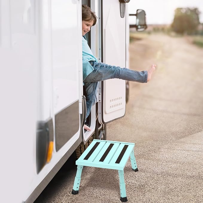 Adjustable RV Step Stool, Wide Platform, Foldable Legs, Green | 3 Height Settings, 1,000-lb Capacity, Aluminum Frame, Non-Slip Rubber Feet, Portable Step for Camper Stairs and Trailers