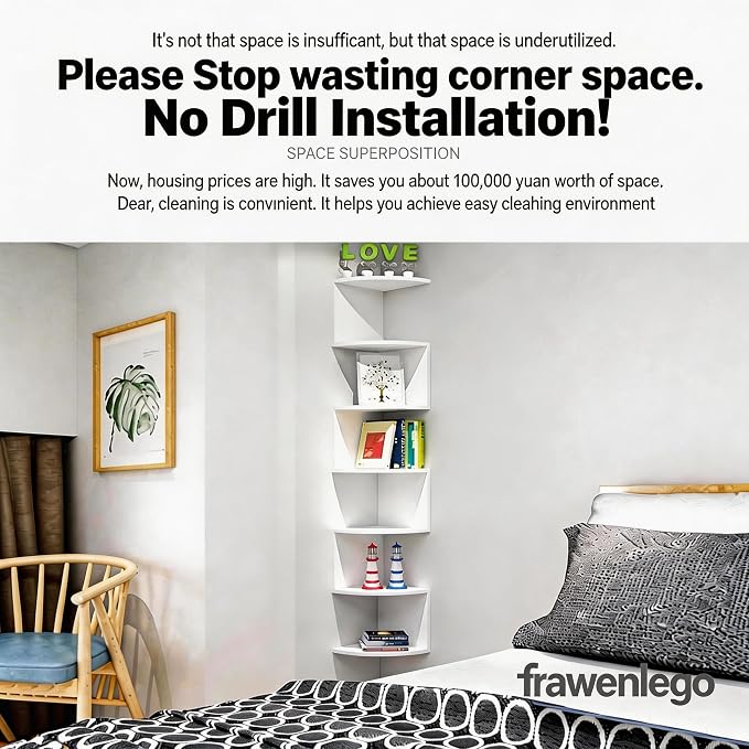No-Drill Corner Shelf Wall Mount, 7-Tier Thickened 12mm Floating Bookshelf with Hooks, Space-Saving Zigzag Plant Shelf for Bedroom, Living Room, Bathroom, Home Office