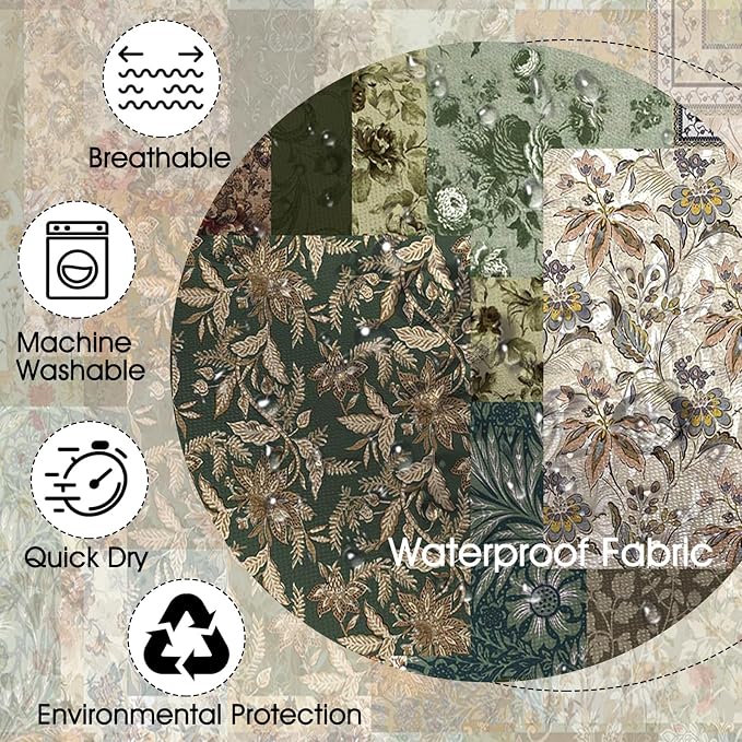 Mocsicka Vintage Boho Shower Curtain Green Retro Floral Shower Curtain for Boho Floral Bathroom Decor Waterproof Fabric Mid-Century Farmhouse Flowers Patchwork Bath Curtain, 72 X 72 Inch