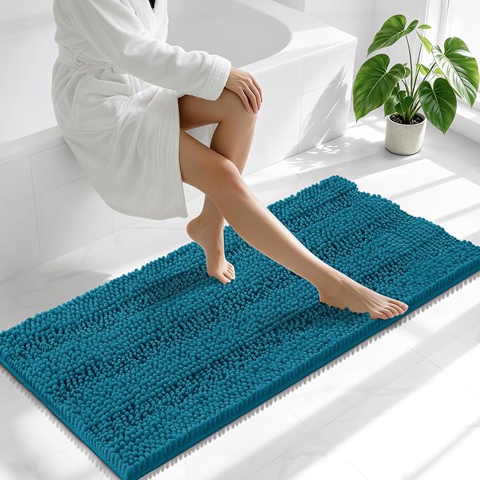 Smiry Thick Chenille Bathroom Runner Rugs 47x24, Bath Mat, Peacock Blue | Quick‑Dry & Machine Washable, Non‑Slip Bath Carpet, Soft Striped Bath Rugs for Tub & Shower, Modern Home Decor Accessories