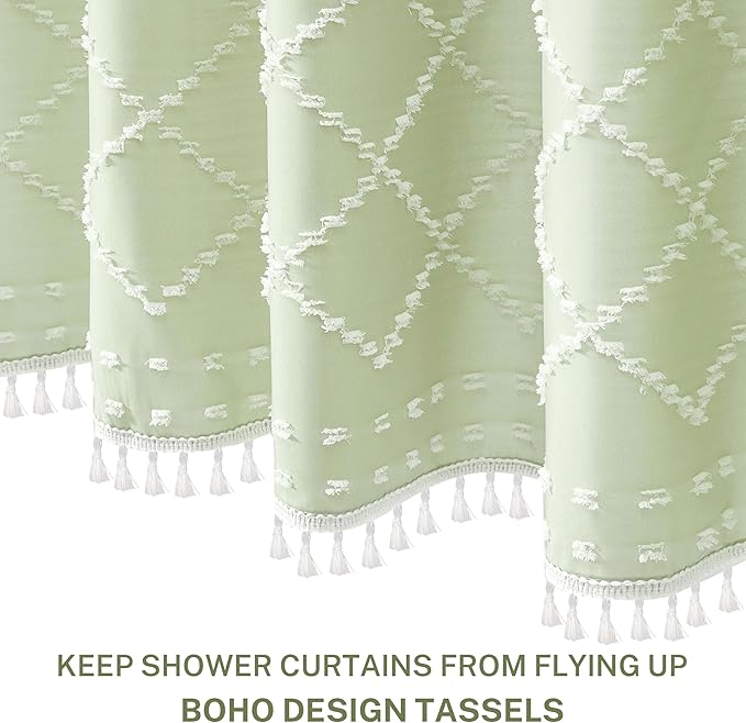Extra Long Green Boho Shower Curtain - Woven Fabric Cute 84 Inch with Tassel, 72 x 84 Tufted Chevron Textured Striped Modern Farmhouse Minimalist for Bathroom