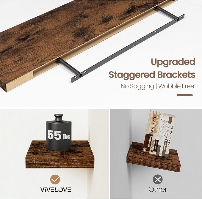 Vivelove Floating Shelves 9 inch Deep 40”Long Set of 2, Rustic Brown | Easy Install With Hardware, 1.5" Thick, Invisible Brackets, Wall Mounted, No Sagging, For Any Room