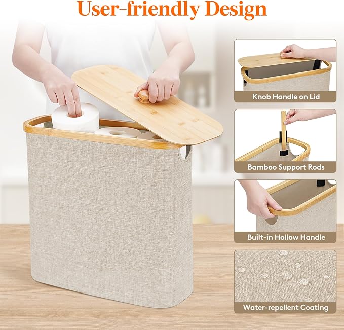 Lifewit Toilet Paper Storage Holder for 12 to 16 Rolls, Free Standing Toilet Paper Basket Stand with Bamboo Lid, Collapsible Fabric Bathroom Organizer Box for Mega Rolls, 30L, Extra Large, Beige