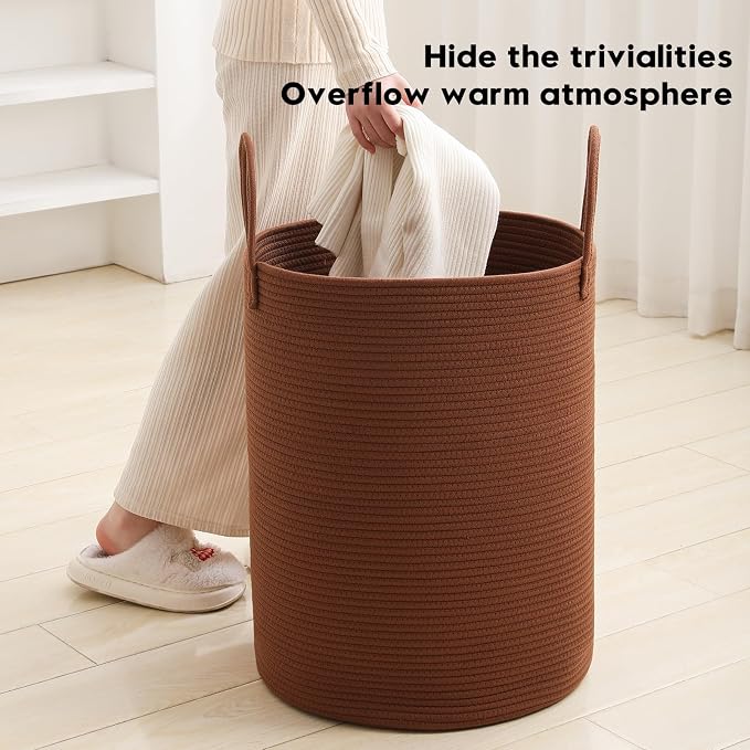 Laundry Basket Hamper Tall Rope Storage Woven for Blanket toys Dirty Clothes in Living Room Bathroom Bedroom (Dark Brown, 100L/26.4Gal)