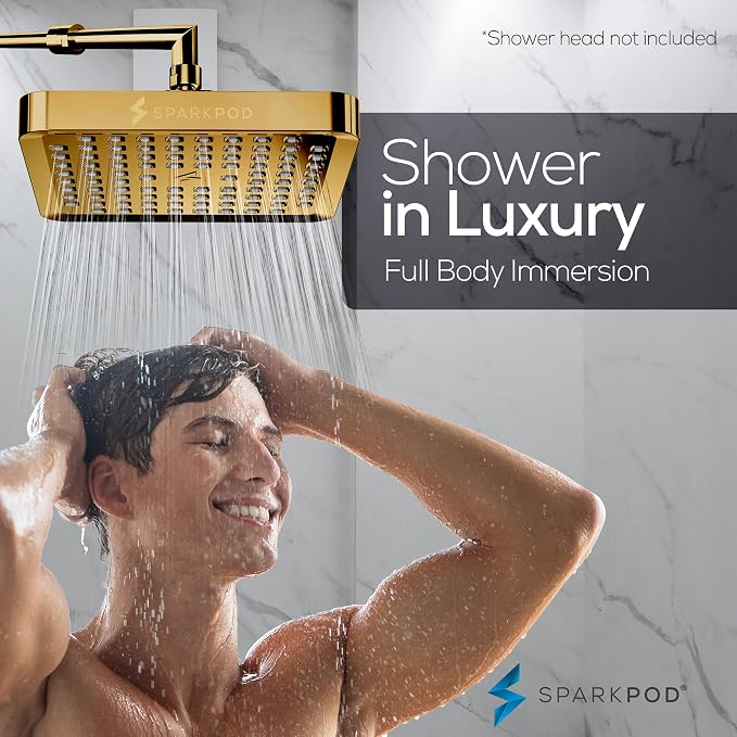 SparkPod Rain Shower Head, 6 Inch Square, Egyptian Gold Finish | High Pressure Shower Heads, 90 Nozzles, Adjustable Showerhead, No Tools Needed, Universal Connection