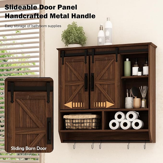 RUSTOWN Farmhouse Bathroom Wall Storage Cabinet with Sliding Barn Doors | 3-Tier, Rustic Wood Wall Mounted Cabinets, Vintage Medicine Cabinet, Adjustable Shelves, Over The Toilet Storage Cabinet